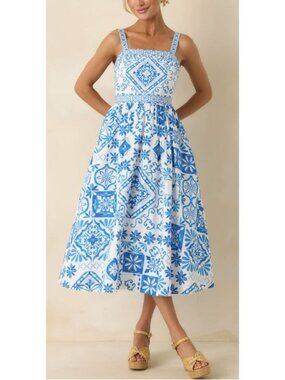 Prosperina Lydia Blue Tile Cotton Midi Dress Size Small New